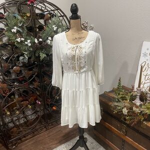 Miss Me Off White Long Sleeve Dress with Embellished Embroidery